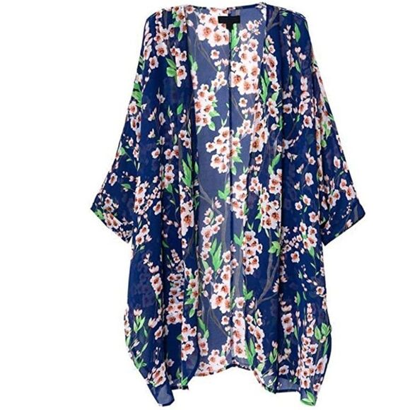 Olrain, Navy Cherry Blossom Sheer Kimono- Size Medium - Picture 1 of 7
